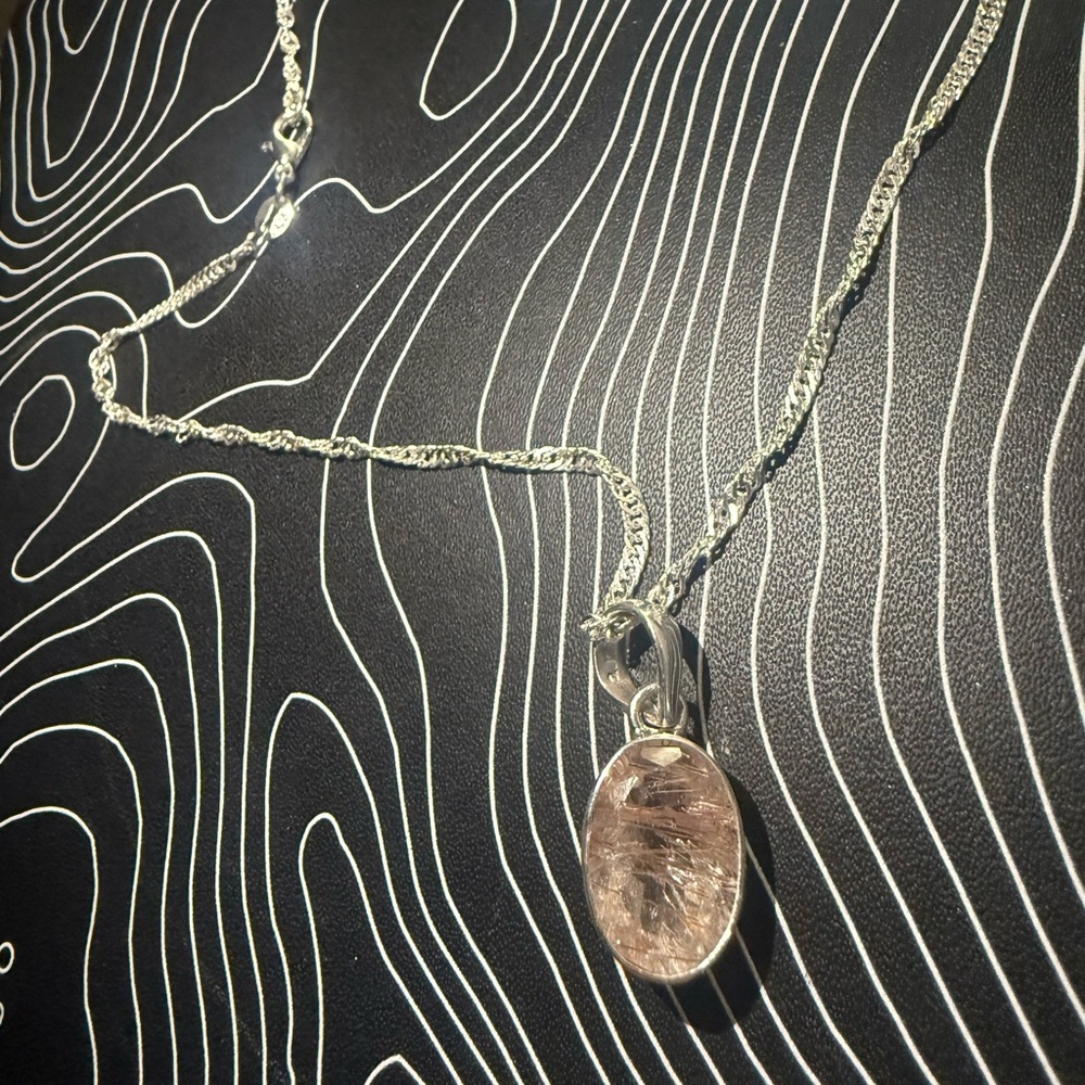 Sterling Silver Pink Red Rutilated Quartz Mini Pendant Necklace 16 inch
